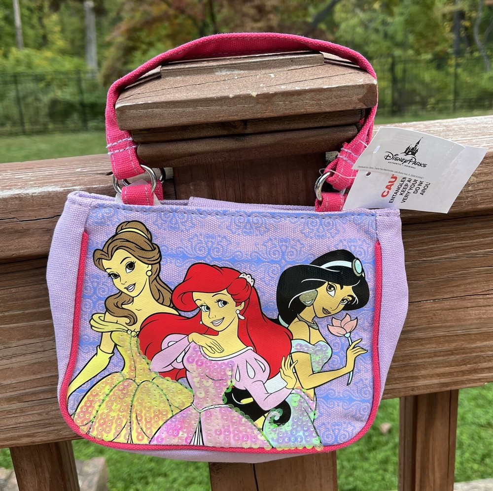NWT Disney Parks Princesses Purse purple Sequins Beauty Ariel Jasmine Princess