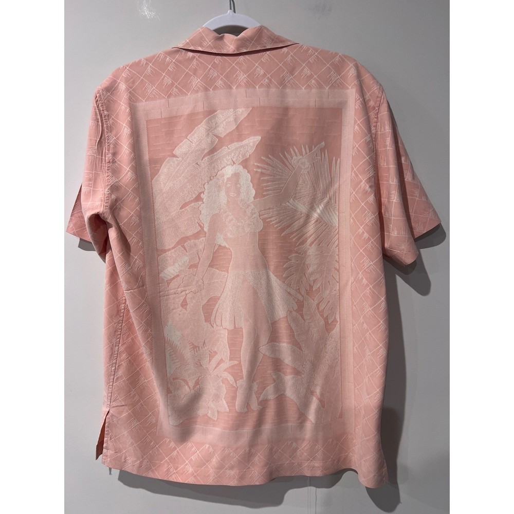 Tori Richard Mens Pink 100% Silk Hula Girl Graphic Back Camp Shirt Size M Aloha