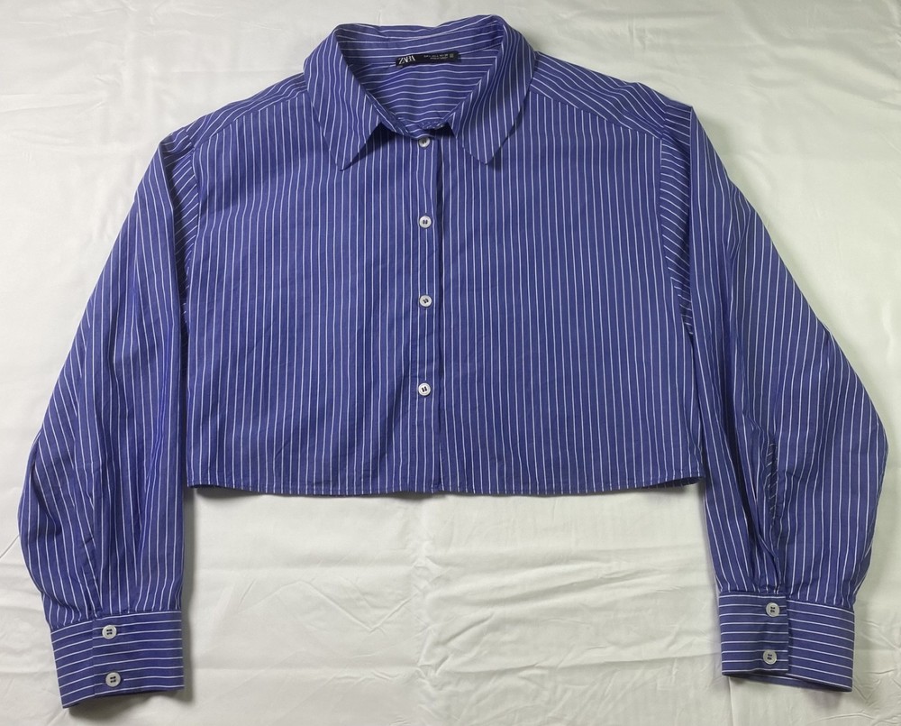 ZARA Blue & White Pinstripe Cropped Button-Up Shirt – Long Sleeve Collared Top