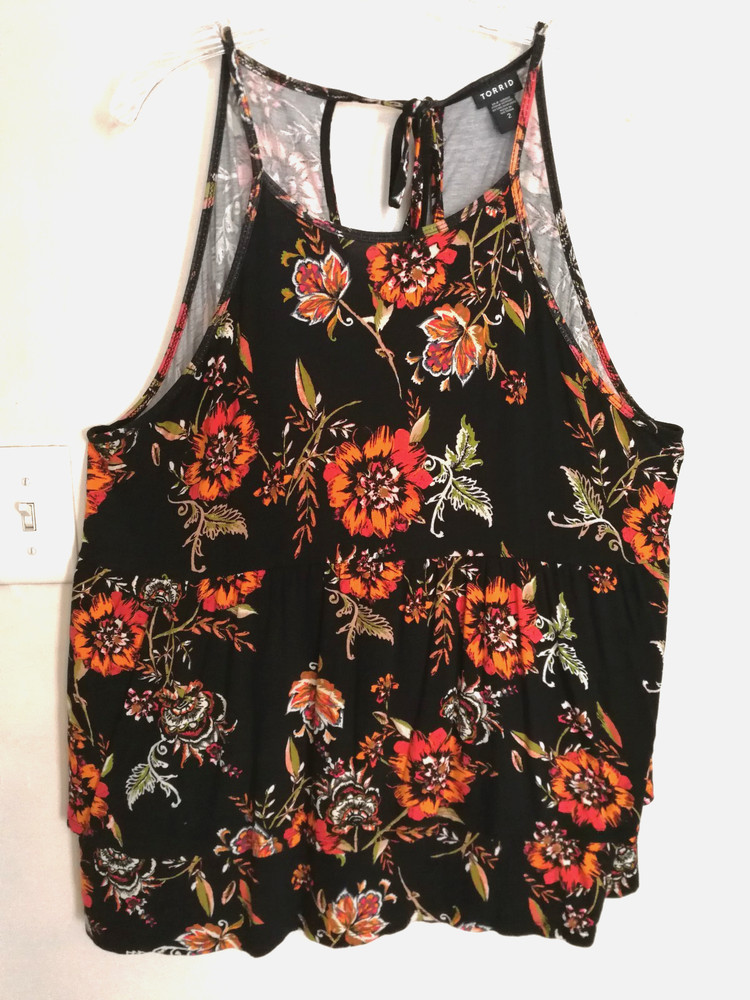Torrid Women Tank Top 2 Plus 2X Floral Black Orange Sleeveless Cami Blouse Shirt
