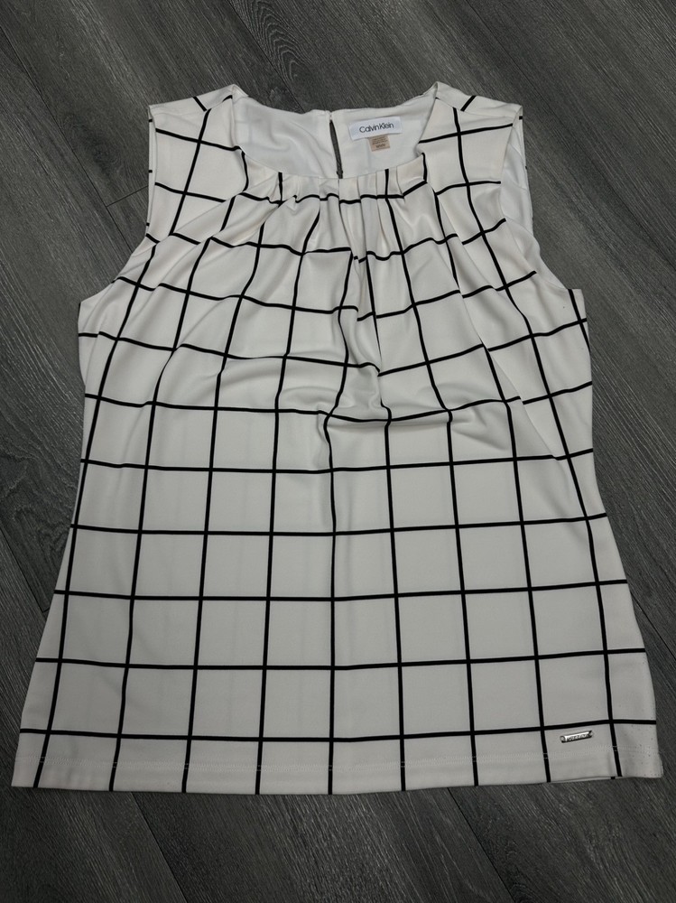 Calvin Klein Sleeveless Check Pleated Blouse Button White Black Round Neck M