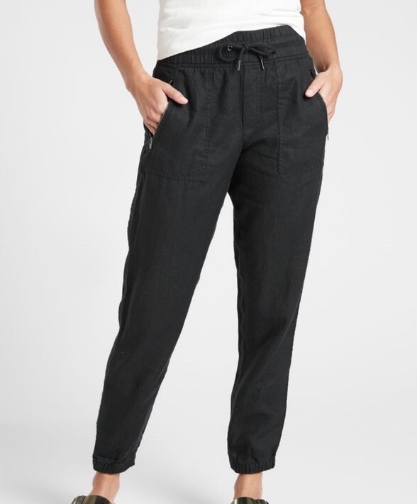Athleta Cabo Linen Jogger Black Lightweight High Rise sz 10 Breathable Pull On
