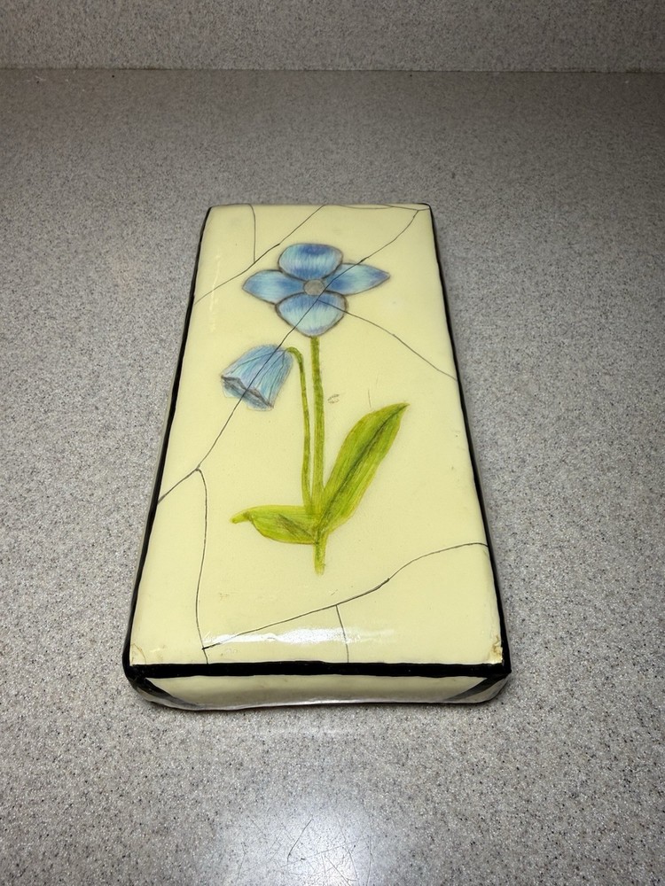 Vintage Hand Painted Pottery Wall Plaque Blue Flower Mid Century Modern Art