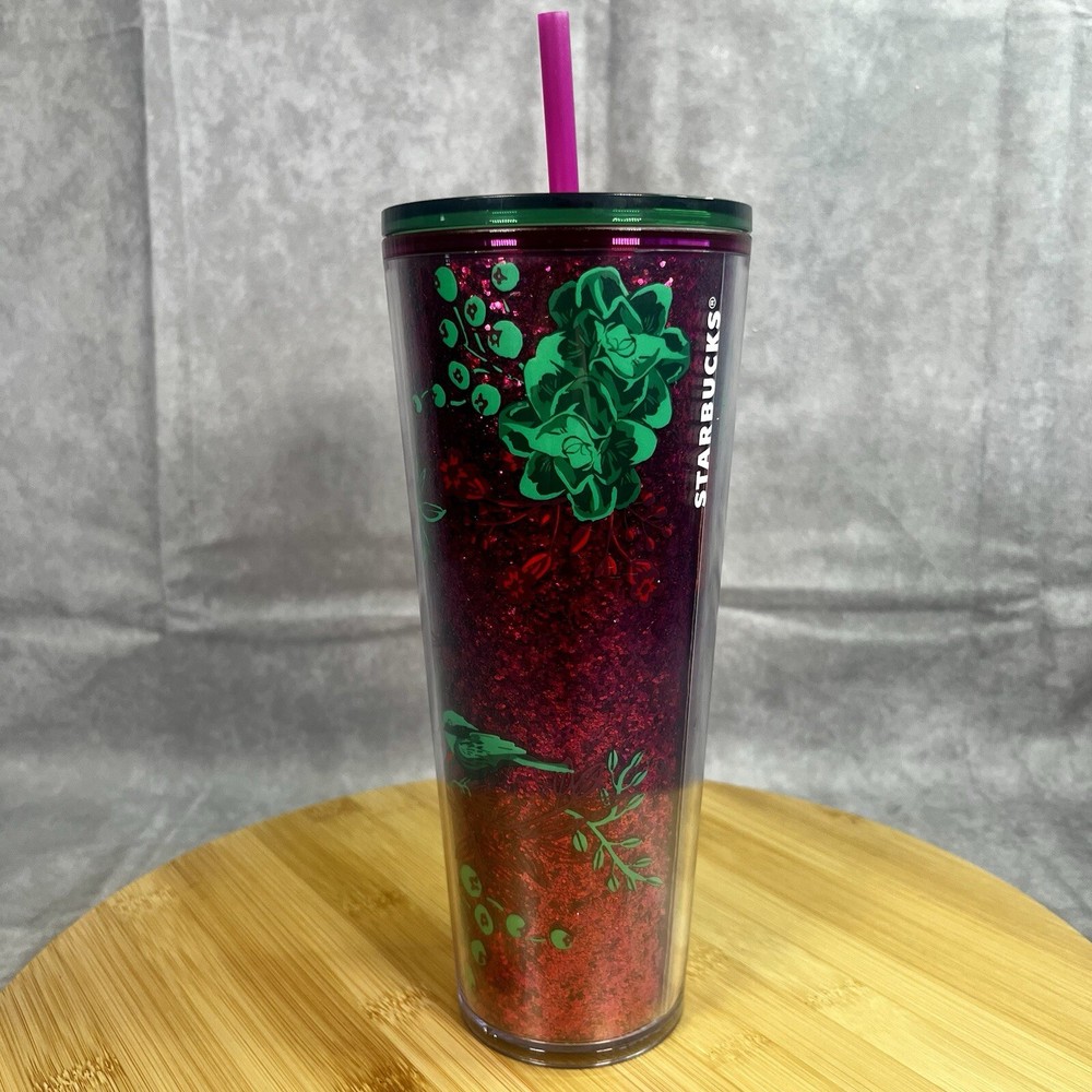 Starbucks Winter Holiday Tumbler Cold Cup 24 oz - Glitter w/ Green Flowers