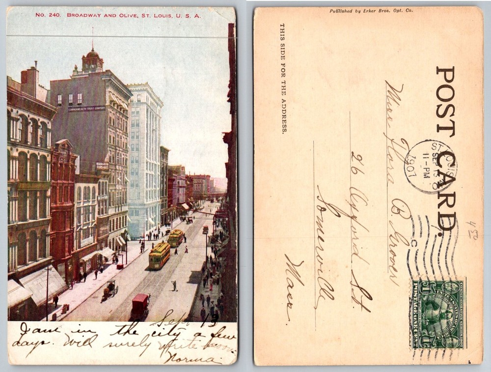 1907 Broadway & Olive St. Louis, MO Street Scene Postcard Erker Bros.