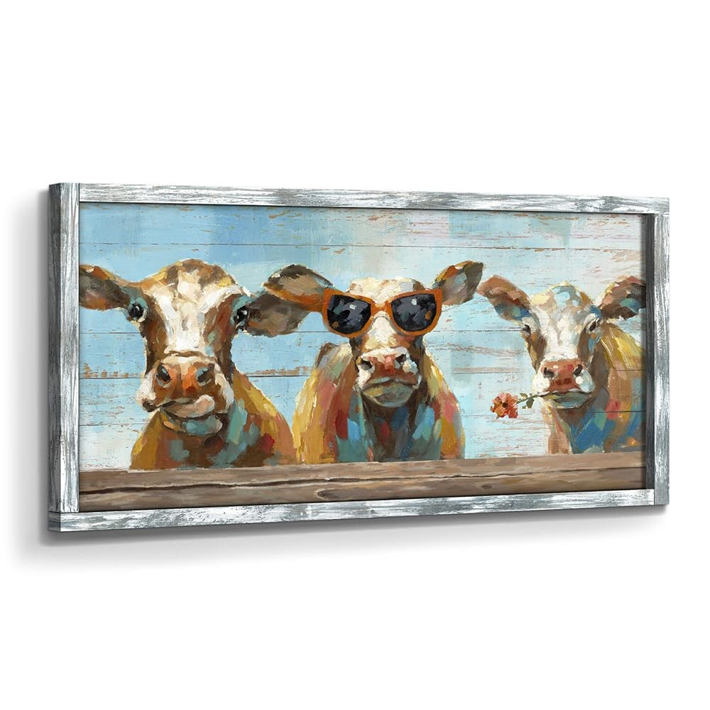 Wooden Farmhouse Cow Wall Art: Framed Funny Farm Animal Picture Rustic Cute C...