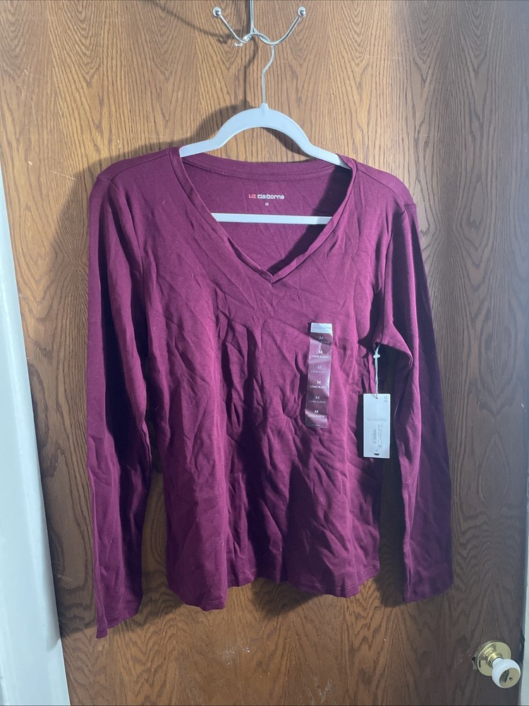 Liz Claiborne Siz Women M basic tee top blouse Pullover V neck Sleeves Burgundy