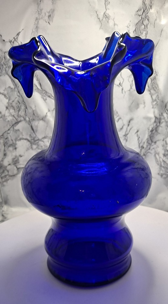 Vintage Cobalt Blue Ruffled Glass  Vase Bohemian