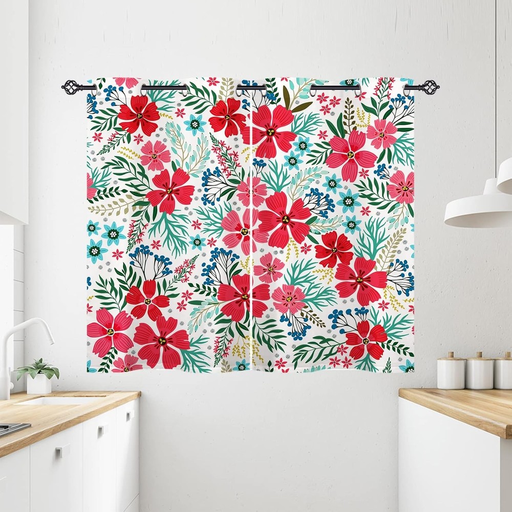 Floral Kitchen Curtains Grommet Waterproof Window Drapes with Modern Rustic Sty