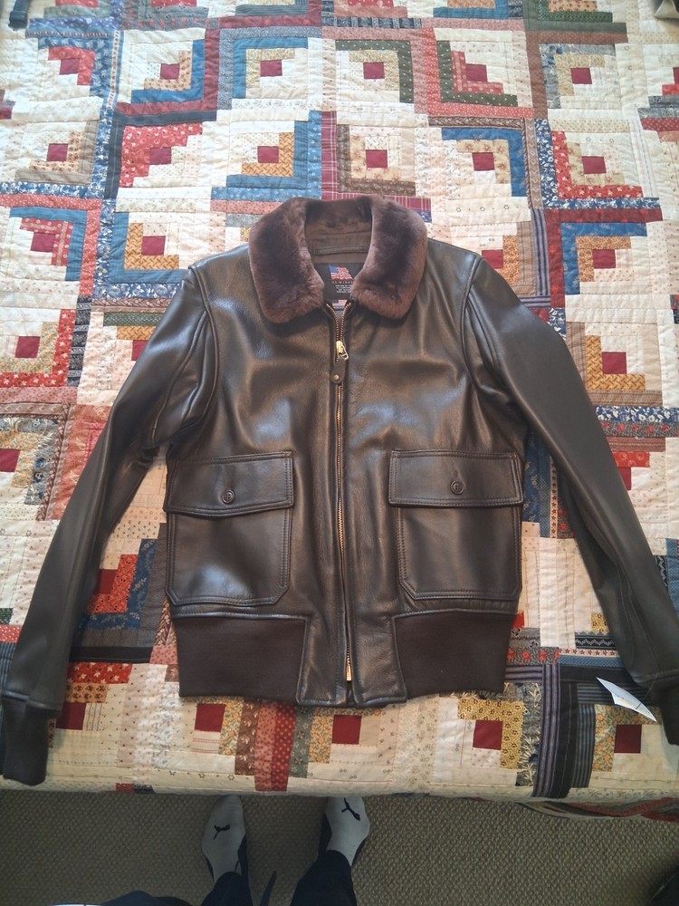 US WINGS MENS LEATHER BOMBER JACKET G-1 STYLE FUR COLLAR MADE IN USA SIZE 42