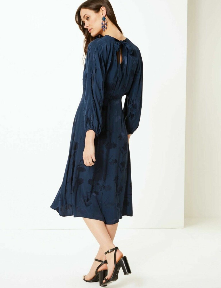 £55 M&S Generous Size 14 Navy Silky Jacquard FIT & FLARE Party Dress Midi BNWT