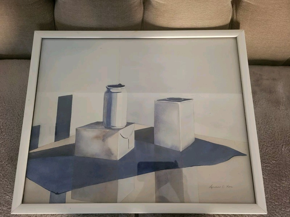 Mid Century Modern Cubism Blue And White Signed Original Watercolor  Framed