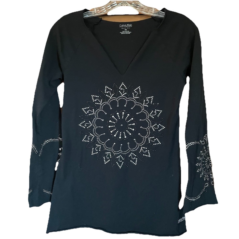 Calvin Klein Performance Top Women’s Size XS Black studded mandala Long Sleeve
