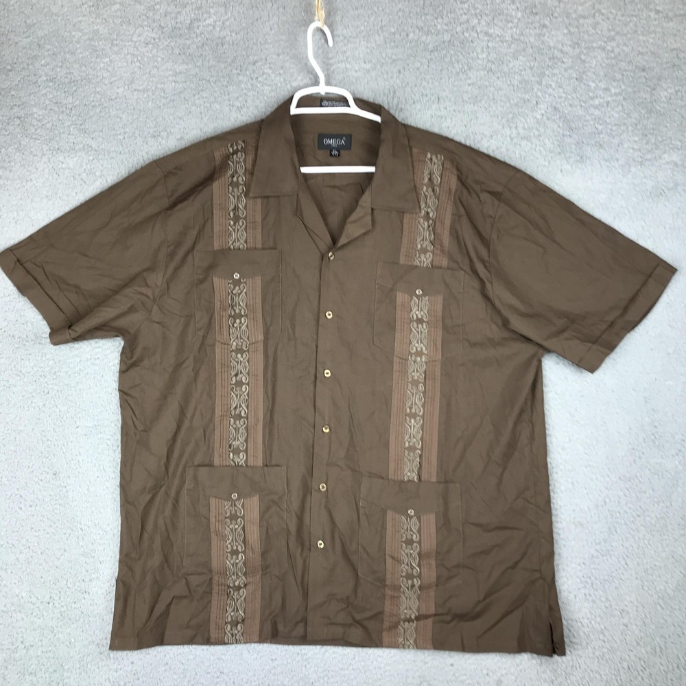OMEGA Shirt Mens 2XL Brown Embroidered Guayabera Short Sleeve Button Up Casual