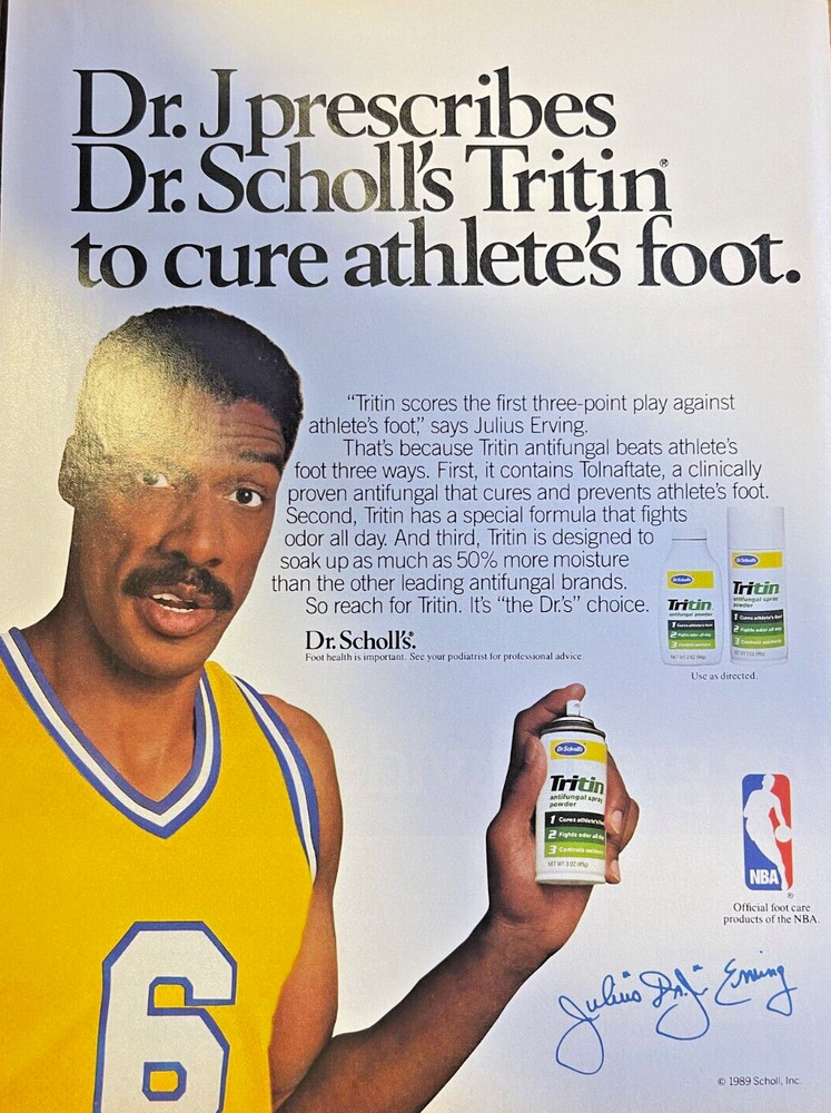 1989 Vintage Magazine Advertisement Julius Erving Dr. Scholl's Tritin Cure