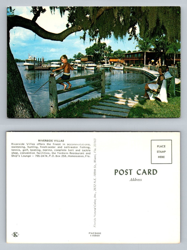 Homosassa, FL-Florida, Riverside Villas & Marina Boy Fishing Vintage Postcard