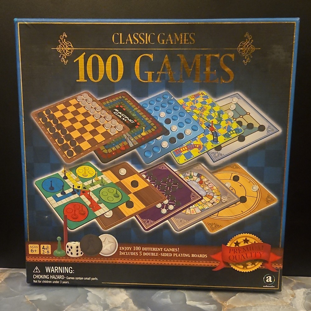 Classic Games 100 Games Board Game 5 Double-Sided Boards Ages 6+ 2-8 Players