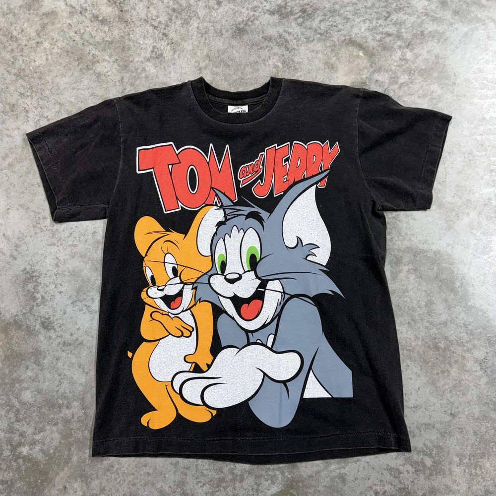Tom and Jerry Shirt Mens Large Black all over print Double Sided Graphic Tee