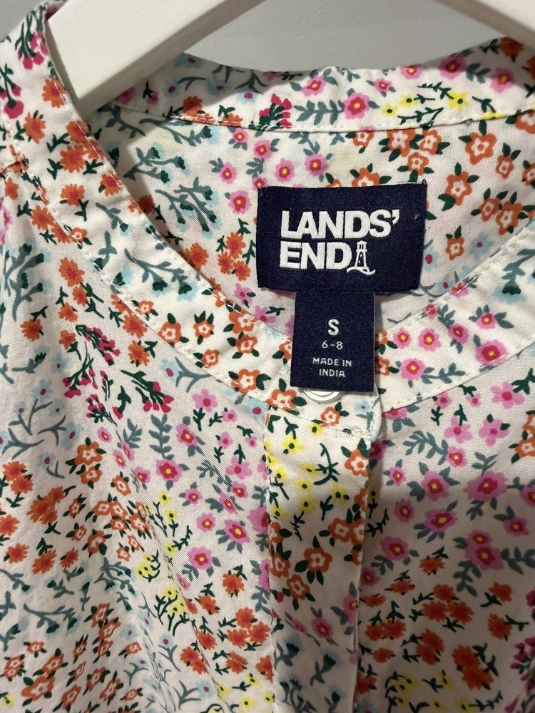 Lands' End women's S long-sleeve floral tunic top ButtonUp Pockets 💯 Cotton