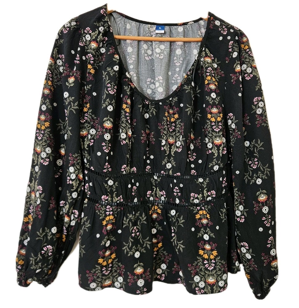 Old Navy Womens Top XL Dark Cottagecore Floral Peasant Boho Hippie Puff Sleeve