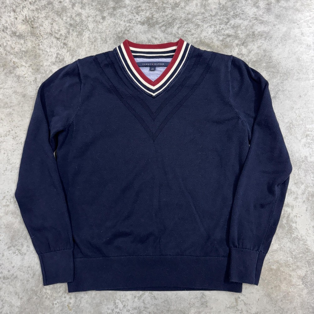 Tommy Hilfiger Sweater Mens Large Navy V Neck Stripe Trim Preppy Classic Knit
