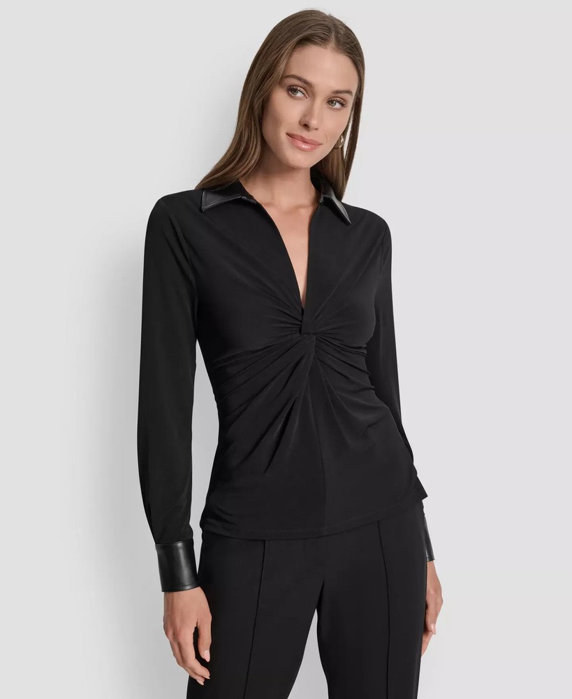 DKNY Women's Top Sz XL Twist-Front Contrast-Trim