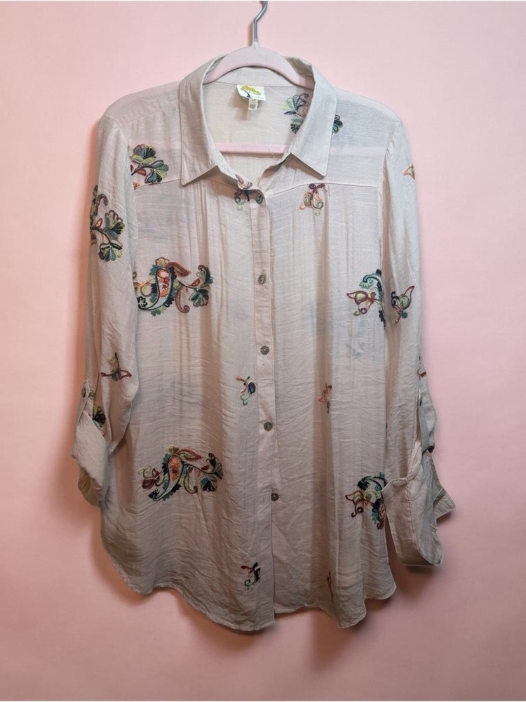 Fig & Flower Embroidered Paisley Button Up Blouse XL Spring Casual
