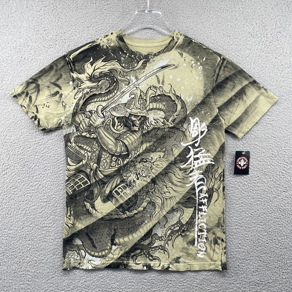 Affliction Shirt Mens Large Green AOP Hokkaido Samurai Japanese Warrior Art Y2K