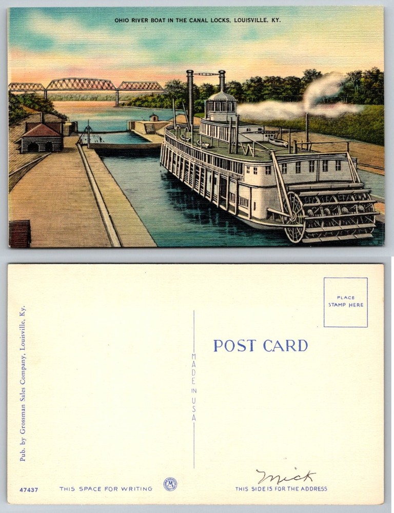 Ohio River Boat Steamboat Louisville KY Canal Locks Linen Postcard Vintage