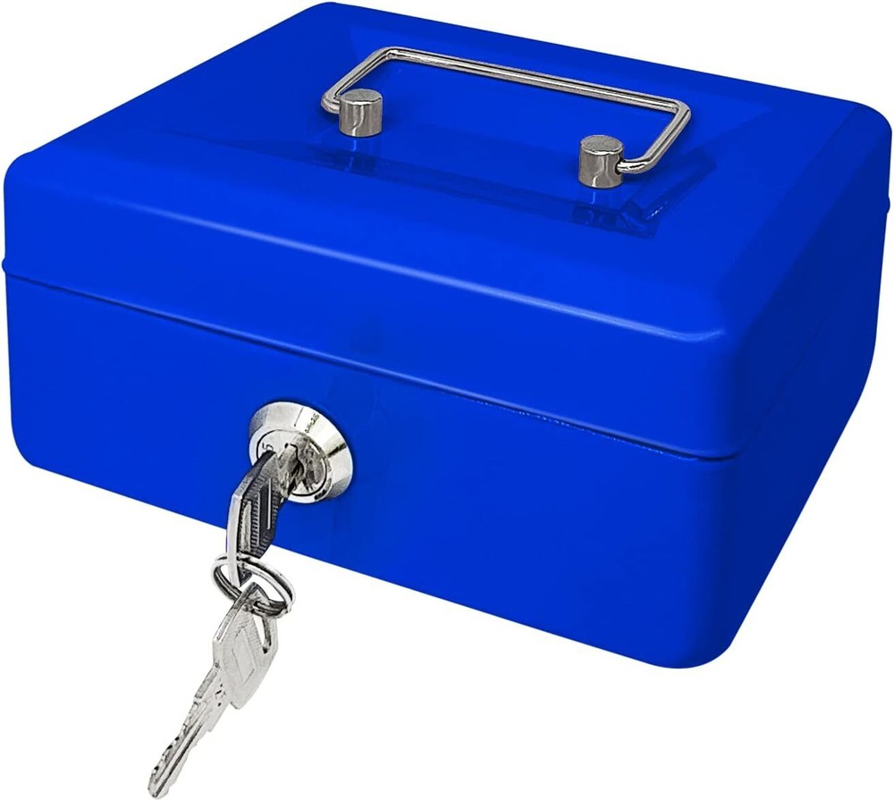 Steel Cash Box with Key Lock, Metal Small Money Blue - 5.9