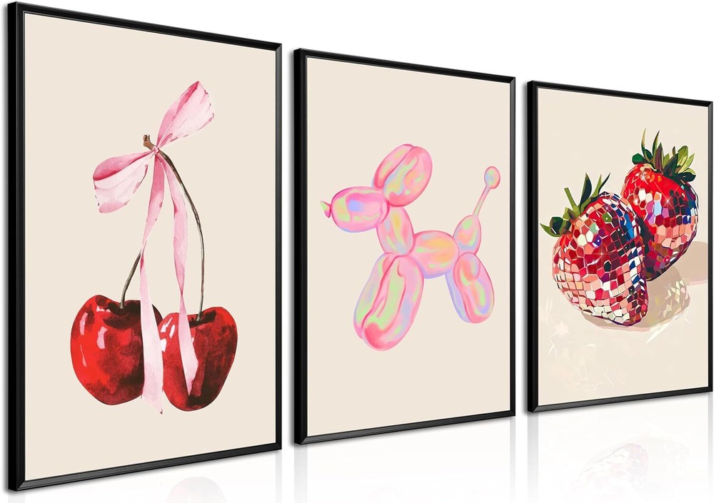 Funky Pink Fruit Posters Wall Art Set of 3, 12''x16'' 3piece,