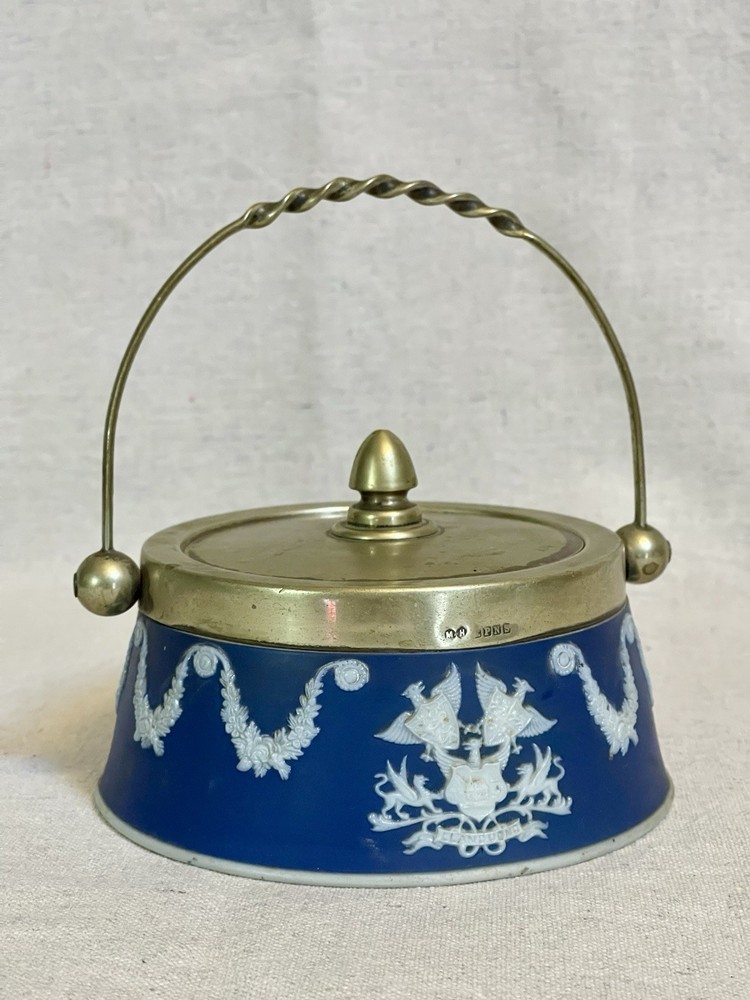 Wedgwood Blue Jasperware - Biscuit Barrel & Brass Lid And Handle, 3”