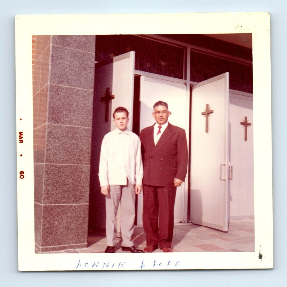 Old Vintage Square Color Photo MAN BOY STANDING OUTSIDE CHURCH SNAPSHOT PIC
