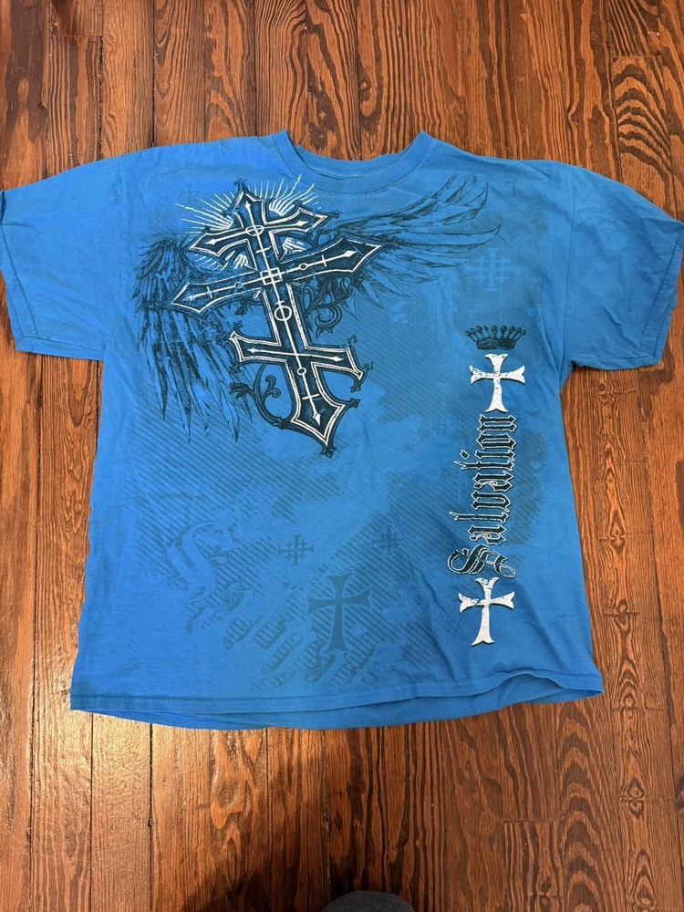Vintage Y2K Salvation Skull Goth Grunge Skater Affliction Style Tee Shirt L
