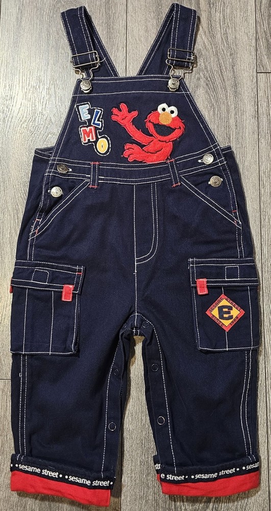 Vintage Y2K Sesame Street ELMO Cargo Overalls Navy Blue Sz 18 Months Embroidered