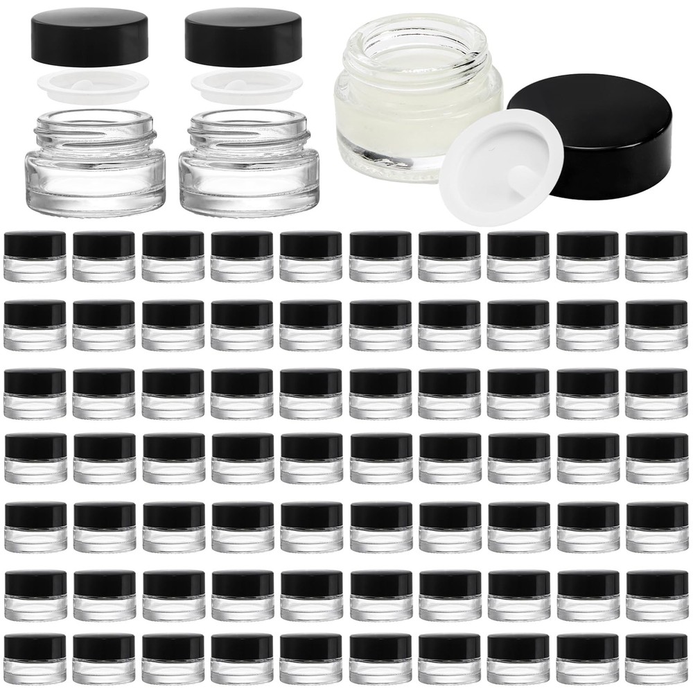 90 Pack 5ml Empty Glass Jars with Black Lid, Clear Airtight Cosmetics Contain...