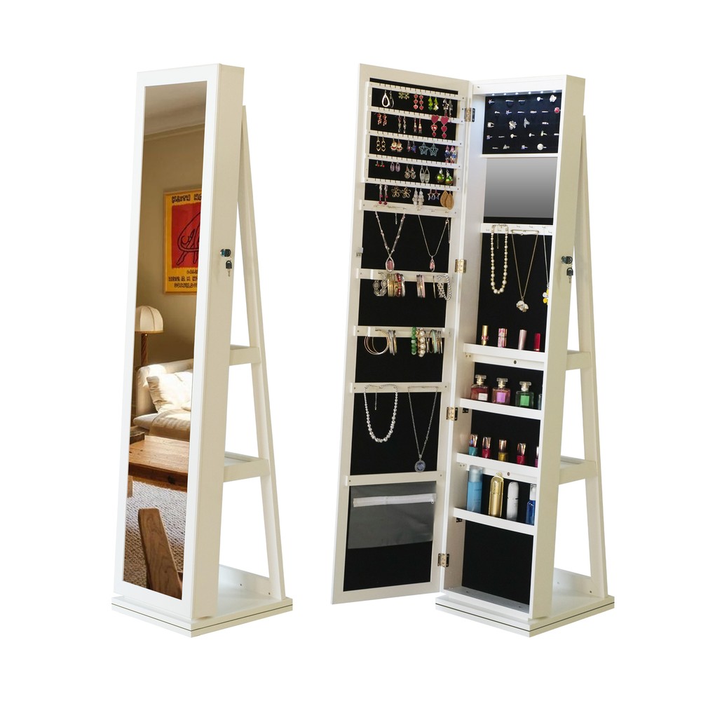 Full Length Swivel Mirror Jewelry Cabinet with 360 Rotation and LED Lights  