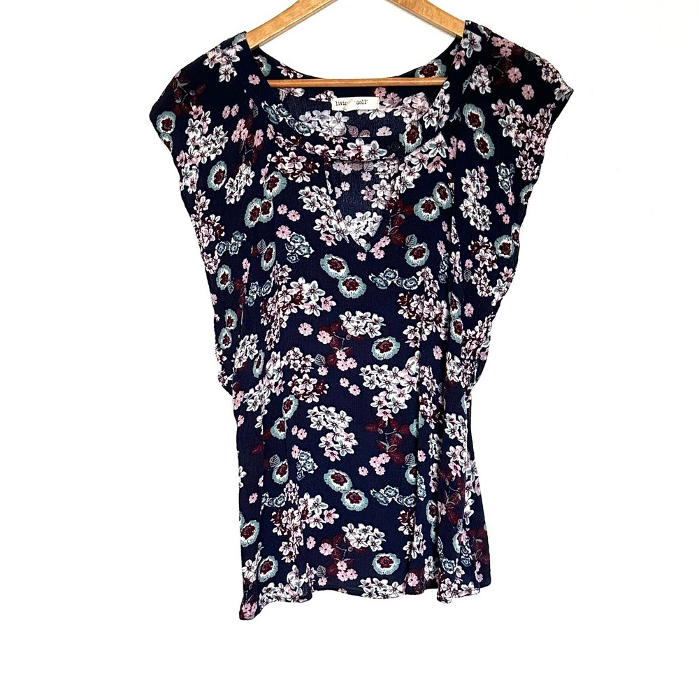 Living Doll Shirt Women's 1X Blue Floral Boho Rayon Short Sleeve Keyhole Blouse