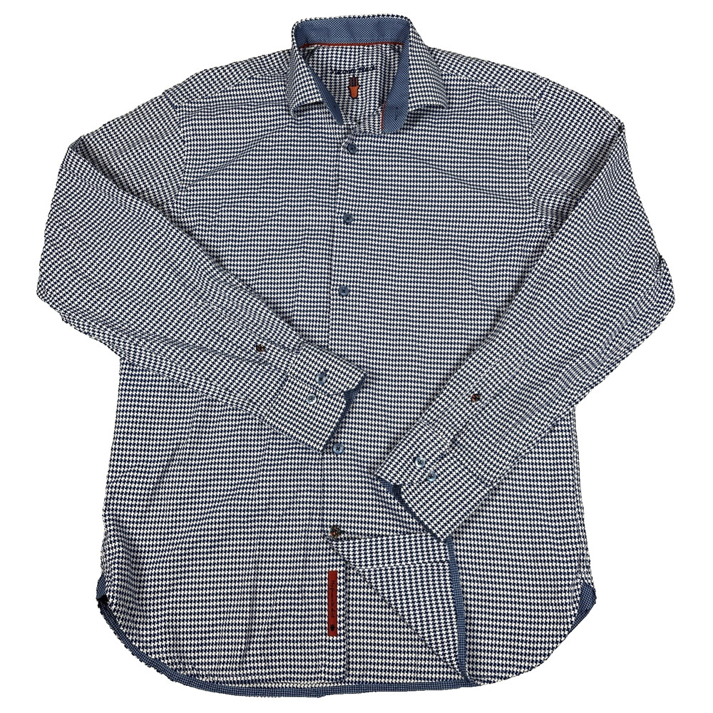 Luchiano Visconti Black Men's Blue Houndstooth Button Down Shirt Medium Stretch