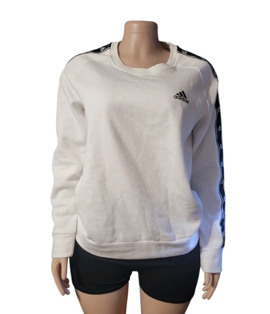 ADIDAS Sport Logo Sweatshirt Taped Sleeve Crew Neck White Women’s Size Medium