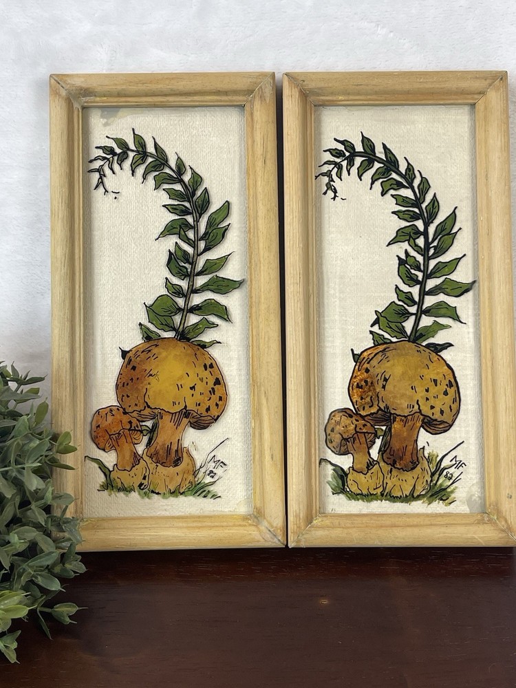 Vintage Framed Mushroom Art Pair Botanical Fungi Cottage Wall Decor Set of 2