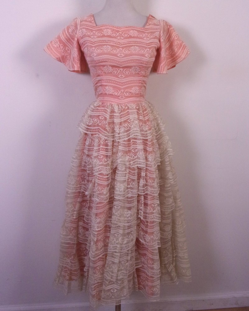 vintage 50s 60s Tiered Lace Prom Dress Party Formal Cupcake Taffeta Bombshell 2