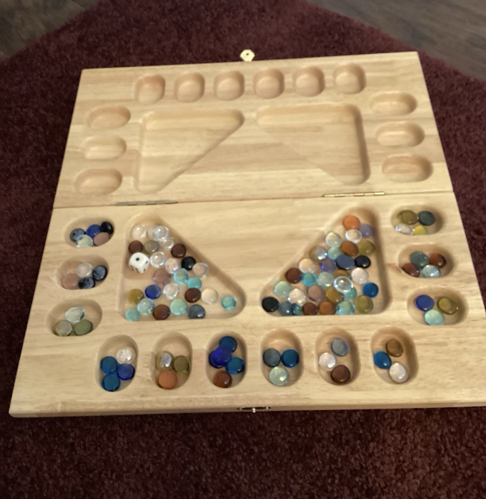 Mancala Board Game 4 Player Foldable Hardwood All Pieces