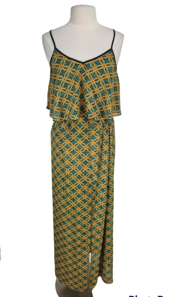 Sugar Lip Floral Green Maxi Dress Women Size M Open Back Ruffle Top Sid Slits