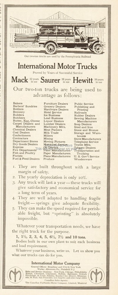 1913 Mack & Saurer Truck International Motor Ad Allentown Pennsylvania Railroad