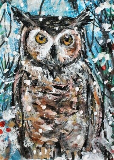 ORIGINAL ACEO PAINTING Great Horned OWL Winter BIRD Snow Animal Nature ATC ART