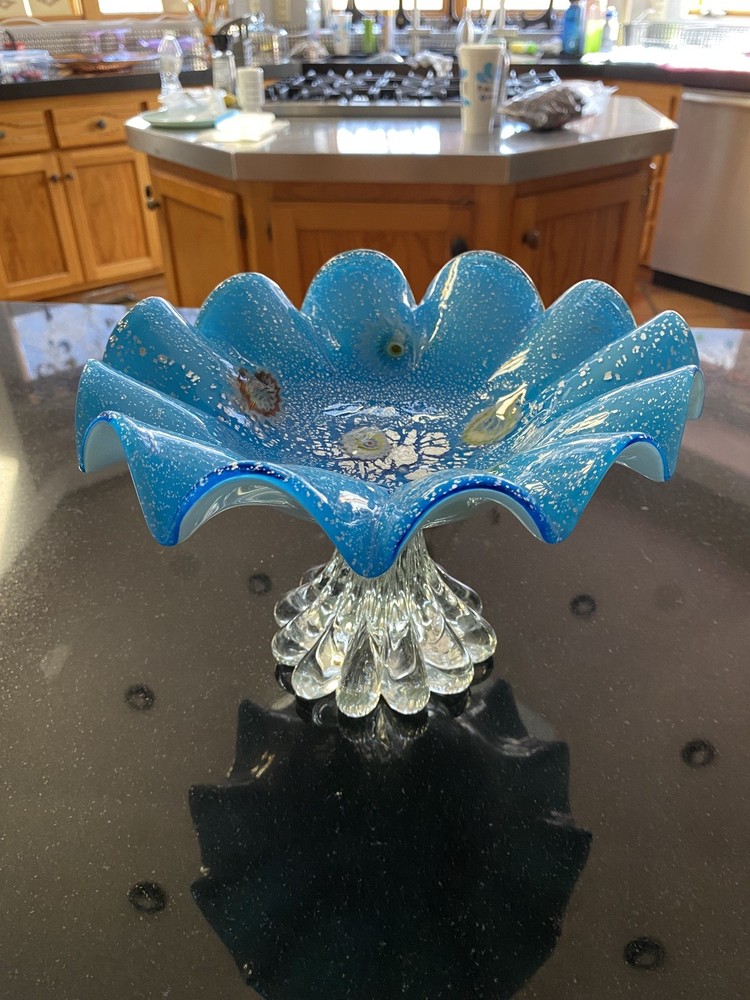 Multicolored Abstract Murano-Style Glass Compote Bowl 7 Inches Tall-image