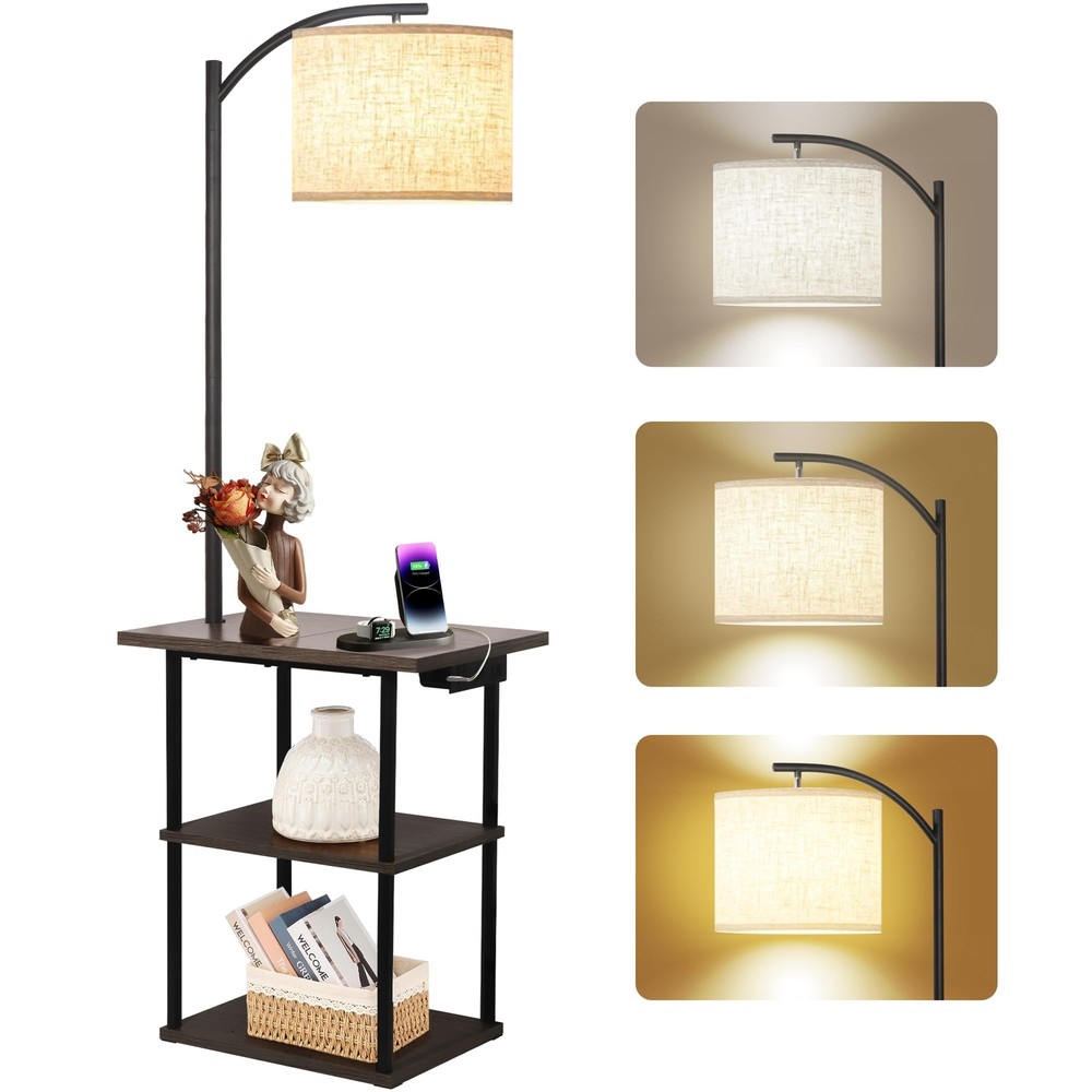 PESRAE Floor Lamp with Table End Table Charging Rustic Brown
