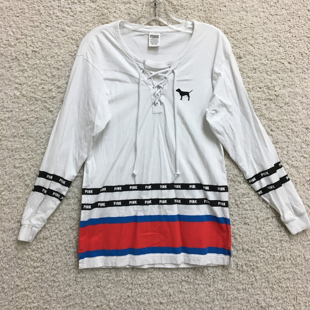 PINK Victorias Secret Shirt Top Extra Small Adult White Lace Up Striped Women XS