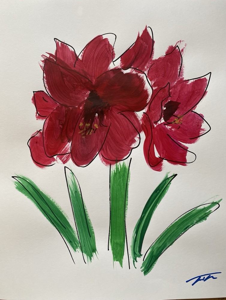 Red Amaryllis Original Acrylic And Posca MarkerOn Paper 11”x14” Signed Unframed